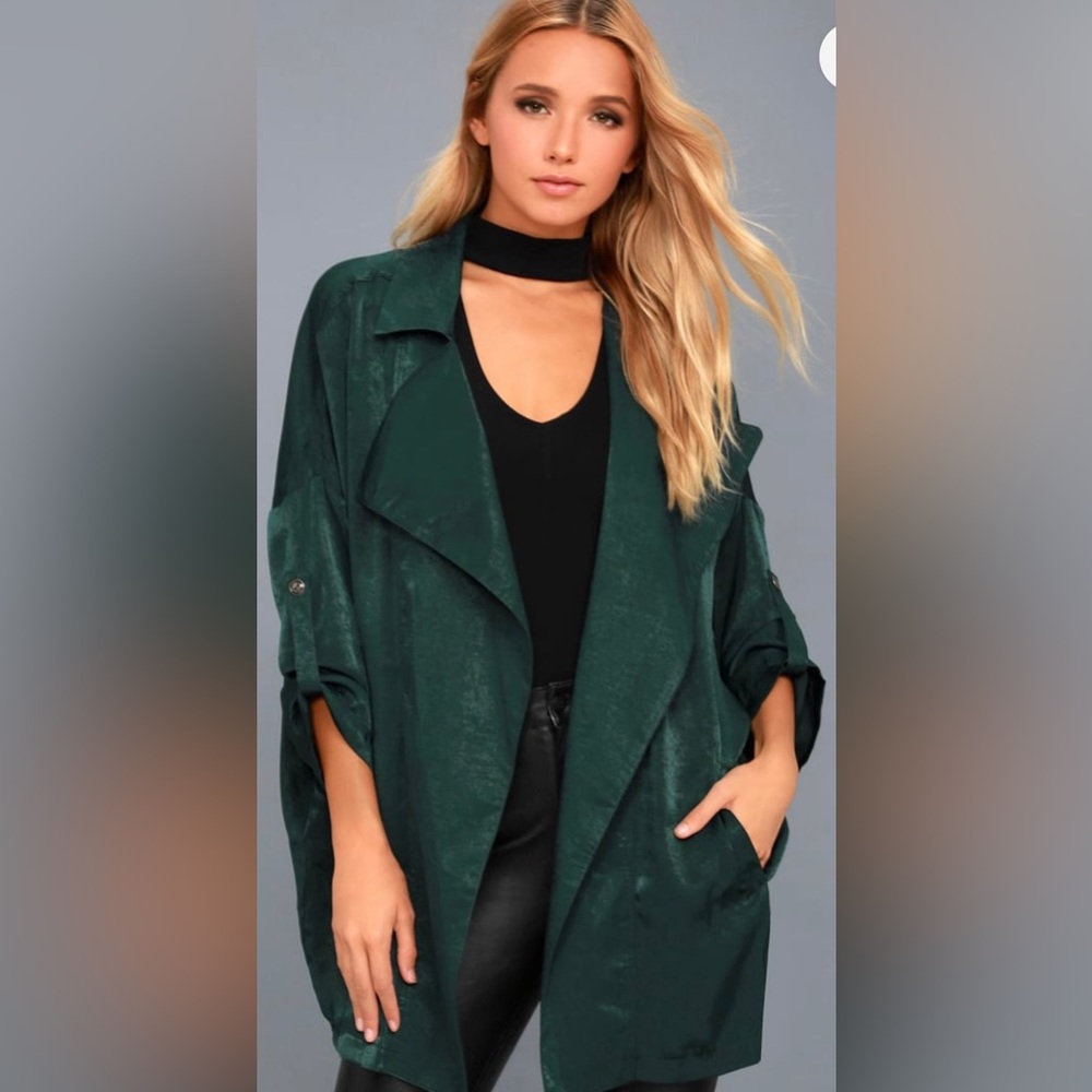 USED Lulu’s High-Spirited Forest Green Satin Jacket in Medium